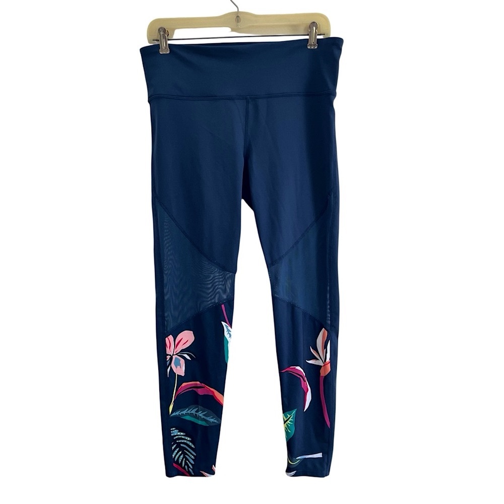 JoyLab | Activewear Leggings Tropical Print with Mesh Knees | Navy | Size Large
